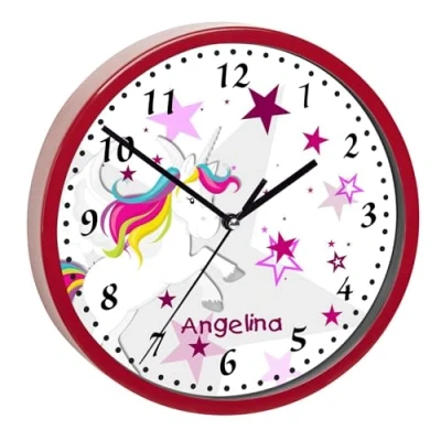 Abbildung von CreaDesign, WU 02 1129 02, Einhorn Sterne Rosa Wanduhr für Kinderzimmer, personalisierbar mit Namen, Rahmen rot, Durchmesser 19,5 cm
