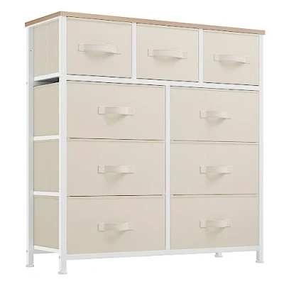 Abbildung von YITAHOME Kommode, 9 Stoffschubladen mit Griffen, Aufbewahrungsschrank, Schubladenschrank, Schrank, Metallgestell, stoffkommode für Schlafzimmer, Wohnzimmer, Flur, Büro, cremeweiß