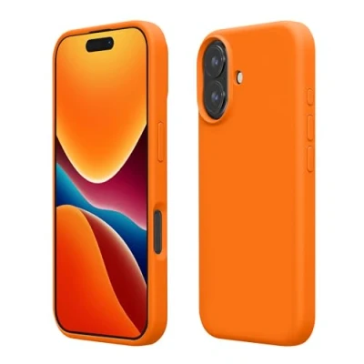Abbildung von kwmobile Hülle kompatibel mit iPhone 16 Plus Silikon Handy Case Handyhülle weiche Oberfläche kabelloses Laden Fruity Orange
