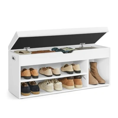 Abbildung von VASAGLE Schuhbank mit Sitzfläche, Sitzbank Stauraum, gepolstert, 3 offene Fächer, Fach unter Sitzkissen, Schuhregal für Wohnzimmer, Flur, bis 150 kg belastbar, weiß LHS130W14