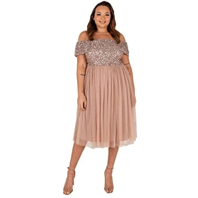 Abbildung von Maya Deluxe Damen Bardot Embellished Midi Bridesmaid Dress, Taupe Blush, Gr. 42 EU