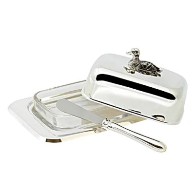 Abbildung von EDZARD Butterdose Ente, Inkl. Deckel, Glaseinsatz und Buttermesser, edel versilbert, H 8 cm