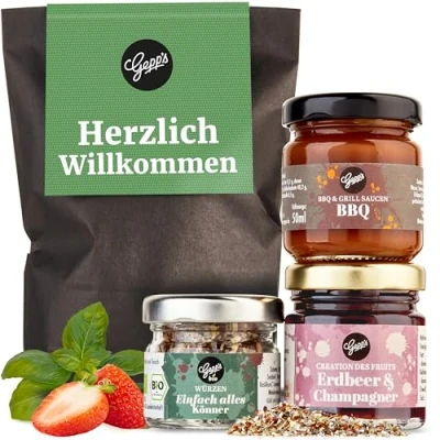 Abbildung von Gepp‘s Feinkost Geschenkset &quot;Herzlich Willkommen&quot; I Kleiner Geschenkkorb mit Delikatessen für jeden Geschmack BBQ Sauce, Gewürzsalz &amp; Fruchtaufstrich Als Geschenk Kollegen, Nachbarn Freunde
