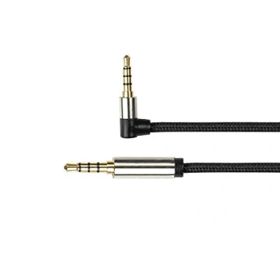 Abbildung von PYTHON Series PREMIUM Audio AUX 3,5 mm Klinkenkabel 4 pol 1,5m Vollmetallstecker mit 2mm Stufe für Schutzhüllen beidseitig einseitig gewinkelt KUPFERLEITER Textilgeflecht SCHWARZ
