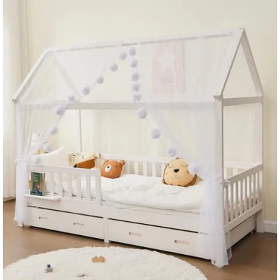 Abbildung von Alavya Home® Betthimmel Der Luxus DEKO SET für HAUSBETT 80x160 I 90x200 (3 tlg 2 x Länge: 340 cm, Breite: 150 cm und 1 Groß Pompomkette), Exklusives Dekoset aus 100% Polyester GOTS zertifiziert Kinder