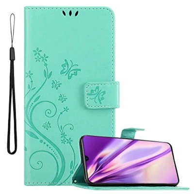 Abbildung von Cadorabo Hülle kompatibel mit Samsung Galaxy A70 / A70s Blumen Design aus Kunst Leder Flip Klappbare Magnetische [Standfunktion] [Kartenfächern] Cover für Tasche in Türkis