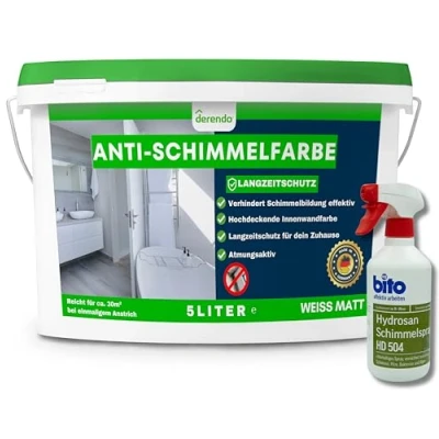 Abbildung von derendo Anti Schimmelfarbe 2.0 für feuchte Räume Badezimmer Schlafzimmer Wandfarbe innen weiß sehr hohe Deckkraft Schimmelbeseitigung Schimmelentferner Langzeitschutz (5 Liter + Schimmelentferner)