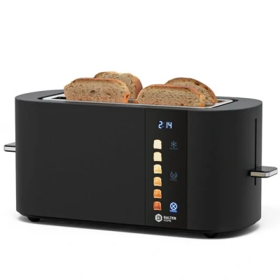 Abbildung von Balter Toaster 4 Scheiben Touch Bedienung, Langschlitz, Edelstahl, Brötchenaufsatz, LCD Display Restzeitanzeige, Auftaufunktion, Brotzentrierung, TS 34 Schwarz