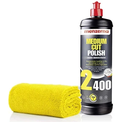 Abbildung von detailmate Menzerna Politur Set: 2400 MEDIUM Cut 1L + Mikrofasertuch 550GSM, 40x40cm