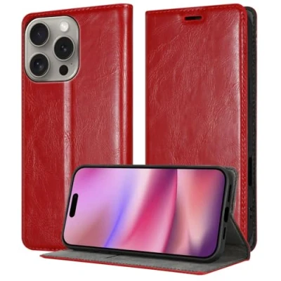 Abbildung von Cadorabo Hülle kompatibel mit Apple iPhone 16 PRO in Apfel ROT Schutzhülle Magnetverschluss, Standfunktion und Kartenfach
