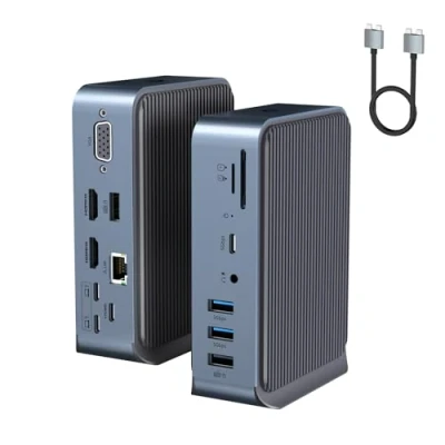 Abbildung von 15 in 2 USB C Adapter, Dual Monitor HUB, Docking Station, mit HDMI, VGA, 4 A, C, 3.0, Ethernet, 100 W PD, Audio und SD/TF Kartenleseranschlüssen für Laptop