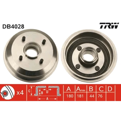 Abbildung von TRW DB4028 Bremstrommel 190 FORD: FIESTA 4, 3, KA Schrägheck