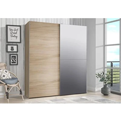 Abbildung von FORTE KAIKAIS Schrank 170, Kleiderschrank mit Spiegel, Schwebetürenschrank Skandinavisch Schlafzimmer 2 türig, Holzdekor: Sonoma Eiche, 170 cm breit x 190.5 hoch 61 tief