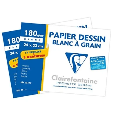 Abbildung von Clairefontaine 196177AMZC Set mit 2 Packungen Zeichenpapier, gekörnt, 2x 15 Blatt, Weiß, DIN A4+, 24x32, 180g, Pack