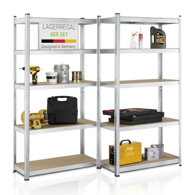 Abbildung von Juskys 6er Set Lagerregal Basic 6X 180x90x40cm (HxBxT) 5250 kg 30 Böden Schwerlastregal Steckregal Metall Kellerregal Regalsystem Regal