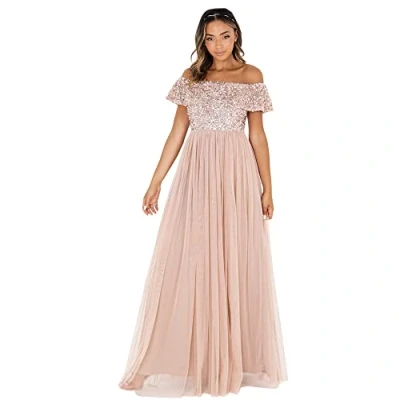Abbildung von Maya Deluxe Damen Abendkleid Brautjungfernkleid Bardot Paillettenverzierung Elegant Für Hochzeit Tüllkleid Bridesmaid Dress, Taupe Blush, 46 EU