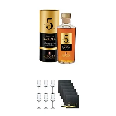 Abbildung von Sibona Grappa di Barolo Invecchiata 5 Jahre 40% in Tube 0,5 Liter + Grappaglas Stölzle 6 Stück 205/26 Schiefer Glasuntersetzer eckig x ca. 9,5 cm Durchmesser
