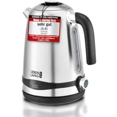 Abbildung von Lebenlang Wasserkocher Edelstahl mit Warmhaltefunktion Preis /Leistungssieger I, 1.7 l, 2200,00 W, Präzise Temperaturregelung, Digitale Anzeige, BPA frei, 360 Grad Basis