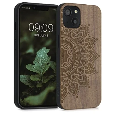 Abbildung von kwmobile Hülle kompatibel mit Apple iPhone 13 Holz Case Handy Cover TPU Handyhülle in Dunkelbraun Aufgehende Sonne
