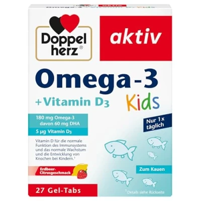 Abbildung von Doppelherz Omega 3 plus D3 Kids, Vitamin D wird für ein gesundes Wachstum und eine gesunde Entwicklung der Knochen bei Kindern benötigt, 27 Gel Tabs