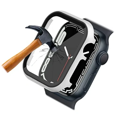 Abbildung von Aluminium Case mit Displayschutz für die Apple Watch Series 8 7 6 5 4 3 2 1 SE ; 45mm 44 42 41 40 38 Schutz Hülle integriertem Glas 9H (44mm Silber)