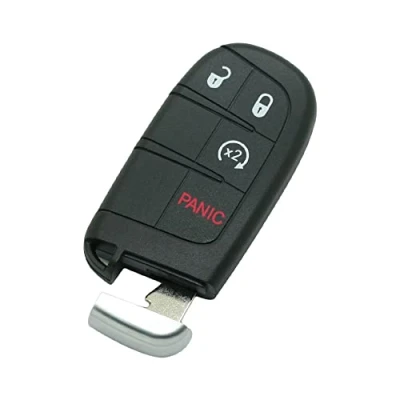 Abbildung von BROVACS Schlüsselgehäuse + ungeschliffener Rohling Notschlüssel kompatibel mit Dodge Chrysler Jeep 4 Tasten Smart Keyless Entry Remote Key Case Fob 3 BTN Panic PG756C