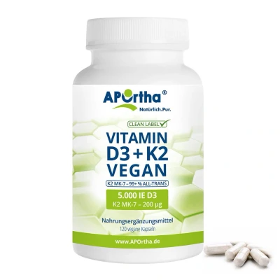 Abbildung von APOrtha® Veganes Vitamin D3 5.000 IE + K2 MK 7 200 µg Kapseln 120 St