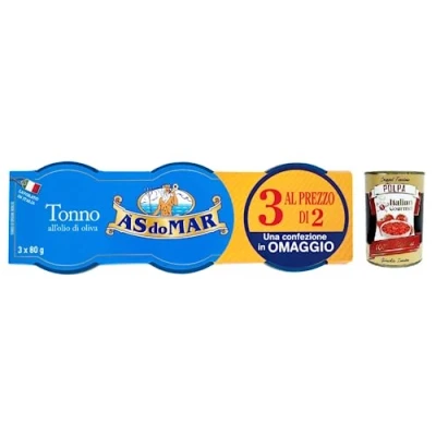 Abbildung von 3x AS do MAR Tonno all&#039;Olio di Oliva,Thunfisch in Olivenöl,ideal für jedes Rezept,80g Glas + Italian Gourmet Polpa Pomodoro 400g Dose