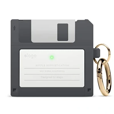 Abbildung von elago Floppy Disk Hülle Kompatibel mit AirPods 3. Generation 3 Hülle, Karabiner Enthalten, Stoßfest, Vollständiger Schutz, Unterstützt Drahtloses Aufladen (Dunkelgrau)