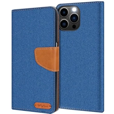 Abbildung von Verco kompatibel mit Apple iPhone 16 Pro Hülle, Schutzhülle für Tasche Denim Textil Book Case Flip Klapphülle Blau