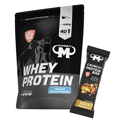 Abbildung von 1kg Mammut Whey Protein Eiweißshake Set inkl. Shaker, Riegel, Powderbank oder Tasse (Coconut White Chocolate, Bar Salty Peanut)