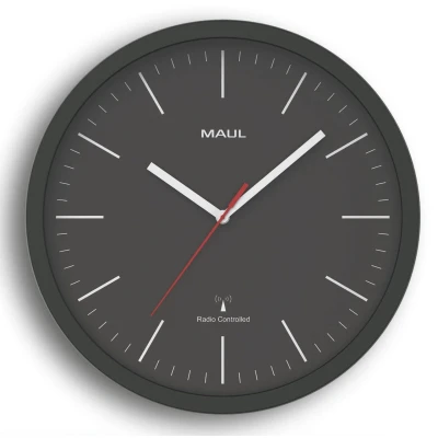 Abbildung von Maul Wanduhr MAULjump Ø 30,5 cm stilvolle Funkuhr mit Mineralglas automatische Zeiteinstellung ideal geeignet im Büro, Homeoffice und am Arbeitsplatz inklusive Batterie Schwarz