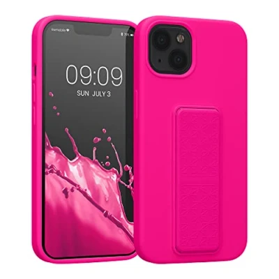 Abbildung von kwmobile Handyhülle kompatibel mit Apple iPhone 13 Hülle Fingerhalter und Standfunktion Silikon Case Handy Cover in Neon Pink