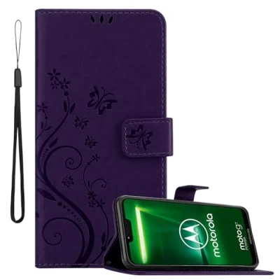 Abbildung von Cadorabo Hülle kompatibel mit Motorola Moto G7 Power Blumen Design aus Premium Kunst Leder Flip Klappbare Stoßfeste Magnetische [Standfunktion] [Kartenfächern] Cover Case Tasche in Lila