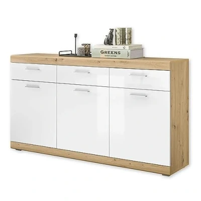 Abbildung von NOLA Sideboard in Artisan Eiche Optik, Weiß Hochglanz Moderne Kommode mit Schubladen und viel Stauraum 165 x 91 38 cm (B/H/T)