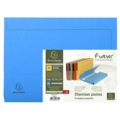 Abbildung von Exacompta 46971E 5er Pack Recycling Aktenmappen Forever mit Verschlußklappe für DIN A4 Blauer Engel Sammelmappe Einschlagmappe farbig sortiert