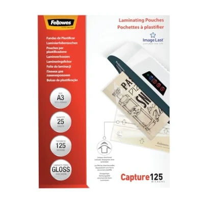 Abbildung von Fellowes Laminierfolien A3 ImageLast, 125 Mikron (2 x Mikron), 25 Stück, transparent mit Ausrichtungshilfe. Ideal für Fotos und Informationshinweise optimalem Kontrast
