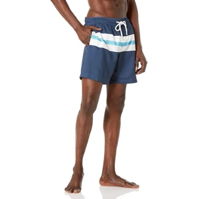 Abbildung von Amazon Essentials Herren Badehose, Schnell Trocknend, 18 cm, Marineblau Weiß Streifen, XS