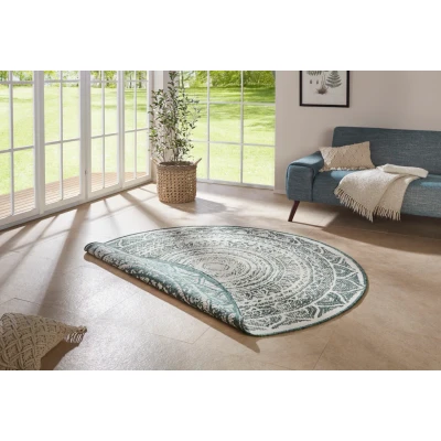Abbildung von NORTHRUGS in und Outdoor Teppich Siruma Rund ⌀140cm Wendeteppich Wetterfest Orientalisches Vintage Design Läufer für Balkon Terrasse Garten Wintergarten Wohnzimmerteppich Wasserfest Grün Creme