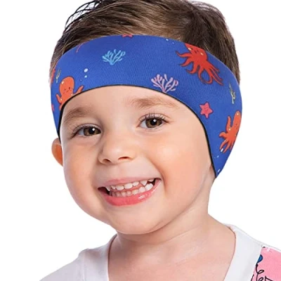 Abbildung von MoKo Schwimmen Stirnband, Neopren Schwimmband Ohrenband Wasserdichtes Kopfband Haarband mit Hohe Elastizität Ohrenschutz Band für Kinder Alter 1 2, S Größe Blaue Krake