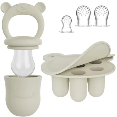 Abbildung von Baby Fruchtsauger &amp; 3 Schnuller mit Eisform Set Silikon Nahrungsschnuller Beißring, Fruchtschnuller für Obst Gemüse, Eiswürfelform Deckel Broemba