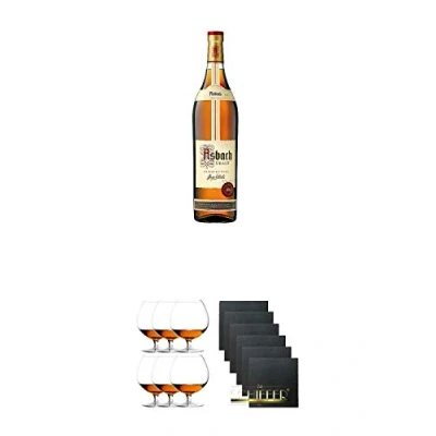 Abbildung von Asbach Uralt klassischer deutscher Weinbrand Magnumflasche 3,0 Liter + Cognacglas/Schwenker Stölzle 6 Gläser 103/18 Schiefer Glasuntersetzer eckig x ca. 9,5 cm Durchmesser