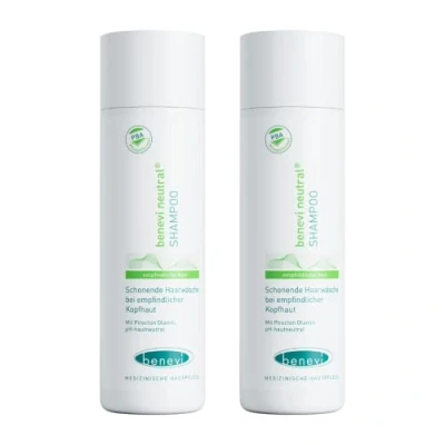 Abbildung von benevi Shampoo 2 x 200 ml für empfindliche, trockene, juckende, gereizte Kopfhaut und Haare. Besonders mild. Auch bei zu Neurodermitis oder Schuppenflechte neigender geeignet.