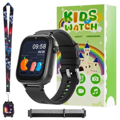 Abbildung von OKYUK 4G Kinder smartwatch, smartwatch mit GPS und Telefon,Armbanduhr Junge mädchen,mit Video Phone Call, Nachrichten, Schulmodus, SOS Funktion, Kamera Schrittzähler (Schwarz)