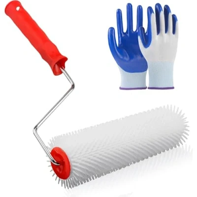 Abbildung von YOYEAH Entlüftungswalze für ausgleichsmasse 23 cm Stachellänge 14mm mit Nitrilhandschuhe, Entlüftungsrolle und Stachelwalze Bodenbeläge.