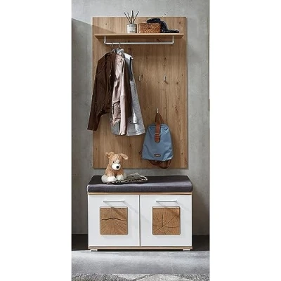 Abbildung von Lomadox Garderoben Set 2 teilig in braun mit weiß Flurgarderobe Eiche Hochglanz Garderobenpaneel, Flurbank