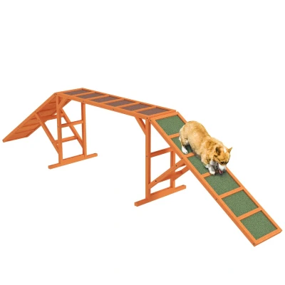 Abbildung von PawHut Agility Wippe Hunde Steg Ausrüstung für mit Sicherheitsstange, Tannenholz, Gerät (1 tlg) Garten, 325 x 55 69 cm, Orange