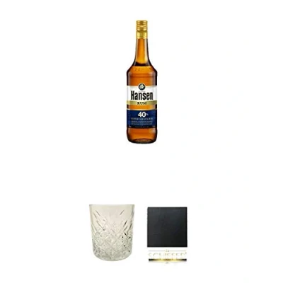 Abbildung von Hansen Echter Jamaika Rum Blau 40% 0,7 Liter + Glas 1 Stück Schiefer Glasuntersetzer eckig ca. 9,5 cm Durchmesser