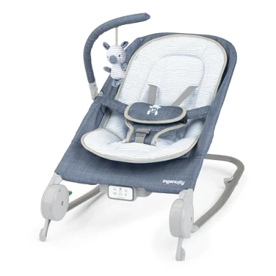 Abbildung von Ingenuity, Happy Belly Rock to Bounce Sitz, Musik, Vibration, abnehmbare Spielzeugstange, Plschtier Faultier, fr 0 6 Monate, Blau Chambray