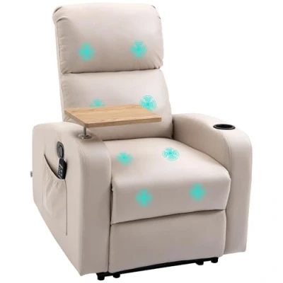 Abbildung von HOMCOM Relaxsessel mit Massagefunktion, Fernsehsessel Liegefunktion, Drehbarem Tisch, Massagesessel, Ruhesessel Fernbedienung, Mikrofaser, Beige
